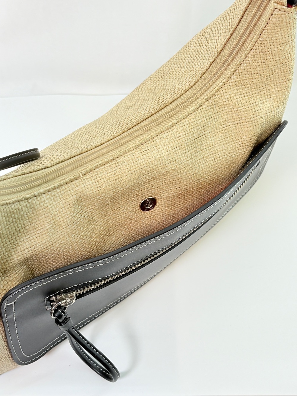 Liz Claiborne Beige Straw Weave Handbag Neutral Black Trim - Picture 7 of 15